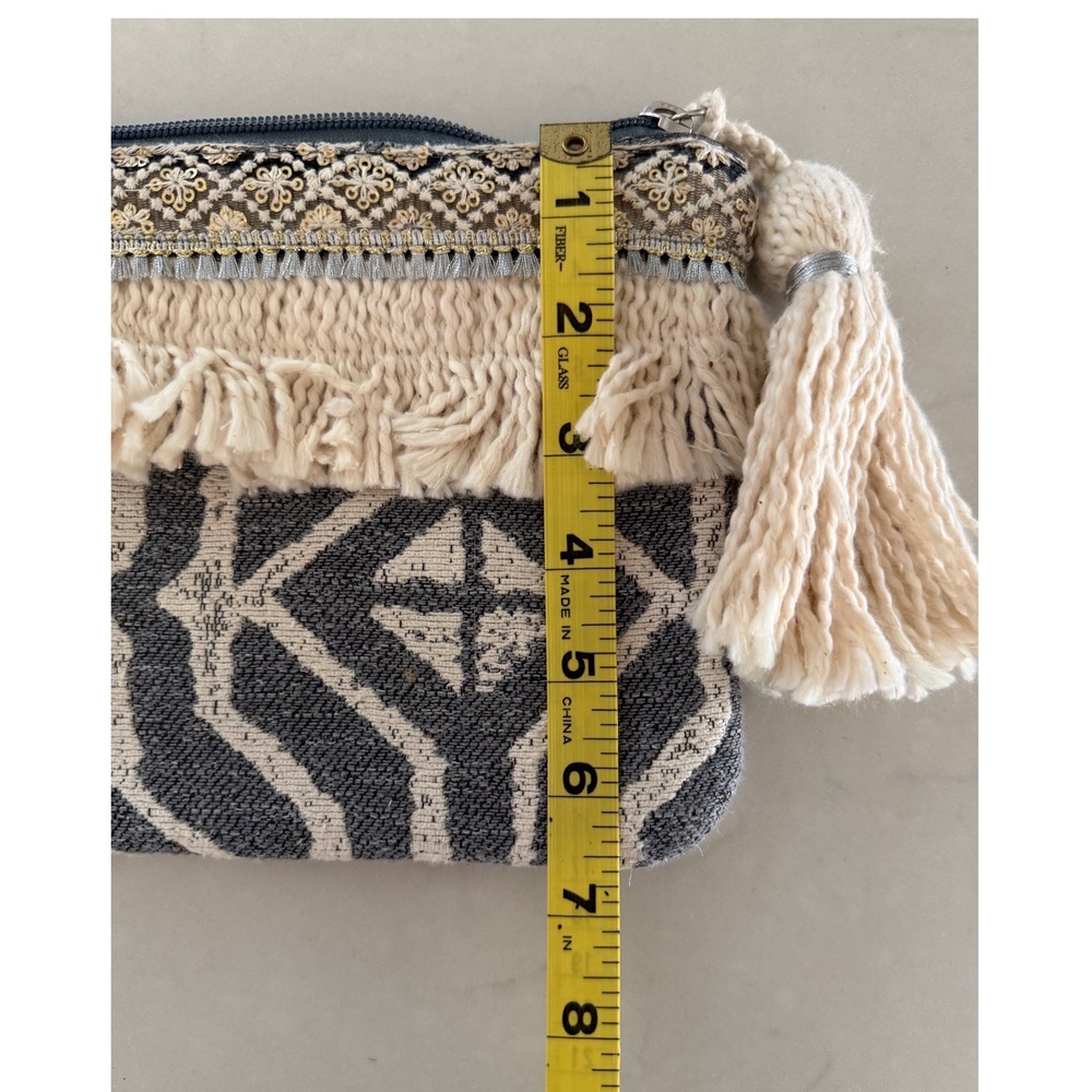 Jen & Co Handcrafted Boho Geometric Fringe Tassel Clutch‎ Bag Charcoal Cream - Picture 5 of 5